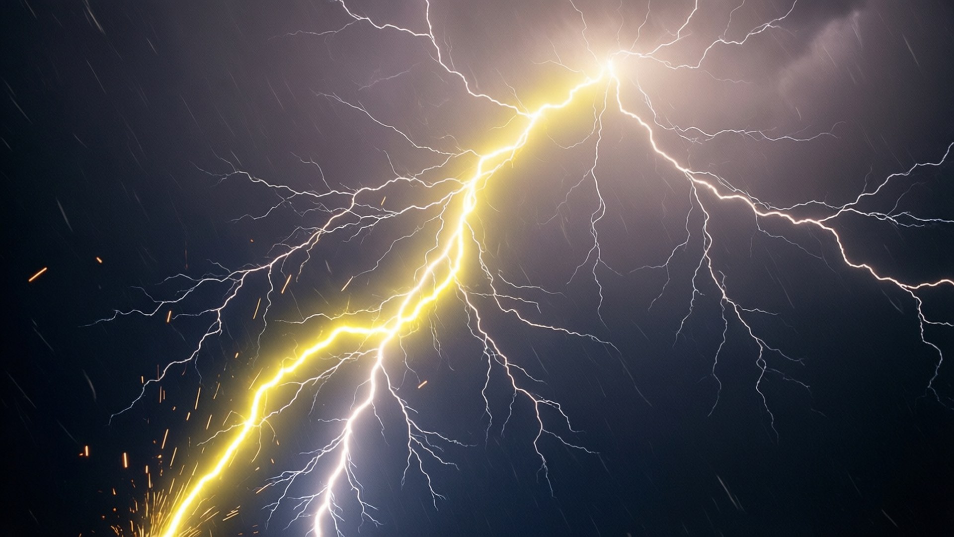 桌布 壁紙 — 一道巨大的黃色閃電在黑暗的暴風雨天空中分叉，伴隨著雨絲和發光的火花。