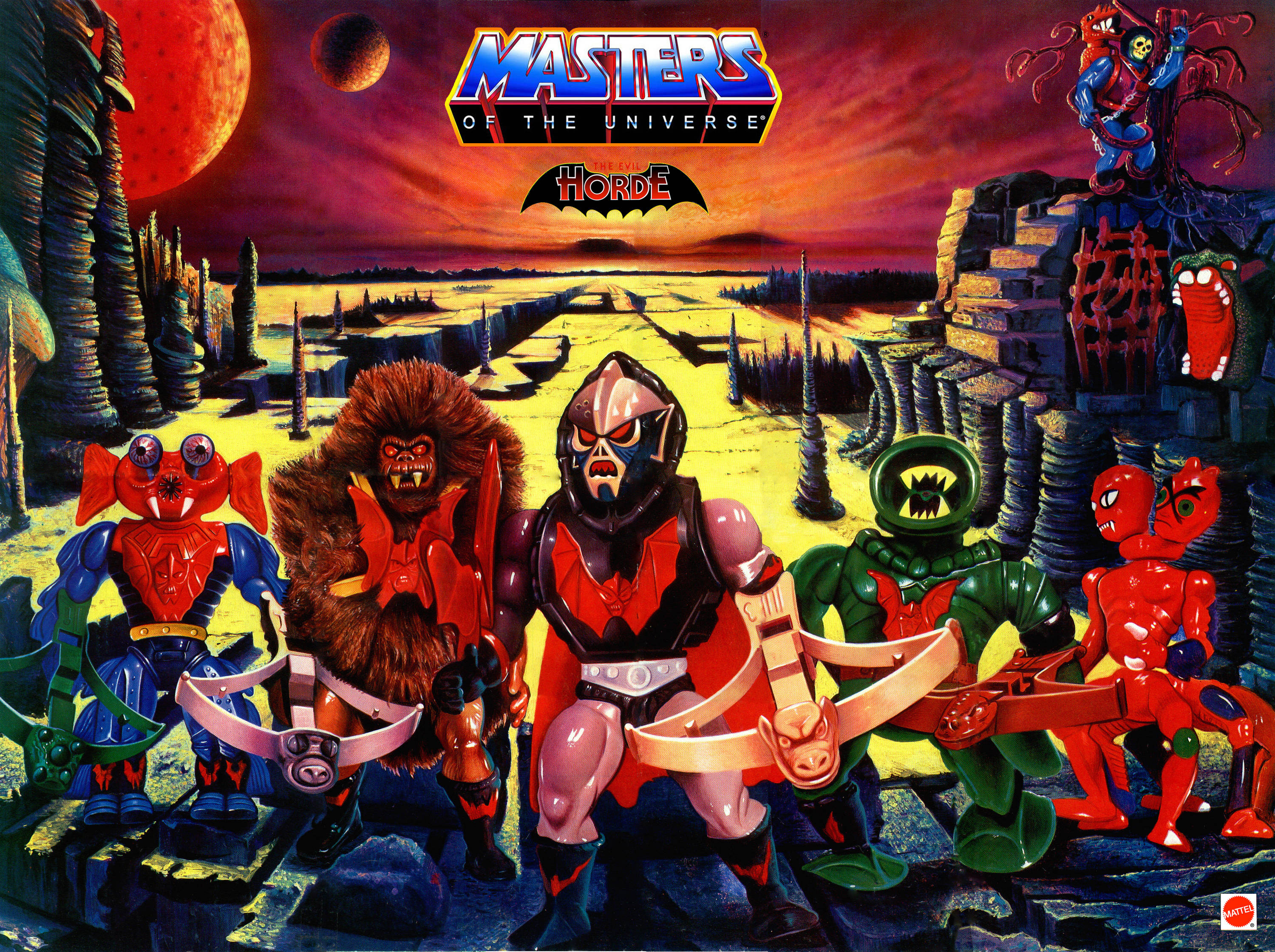 Cartoon Characters 桌布 壁紙 — Masters of the Universe 的反派在紅色月亮和戲劇性天空下，站在岩石外星景觀上，充滿威脅。