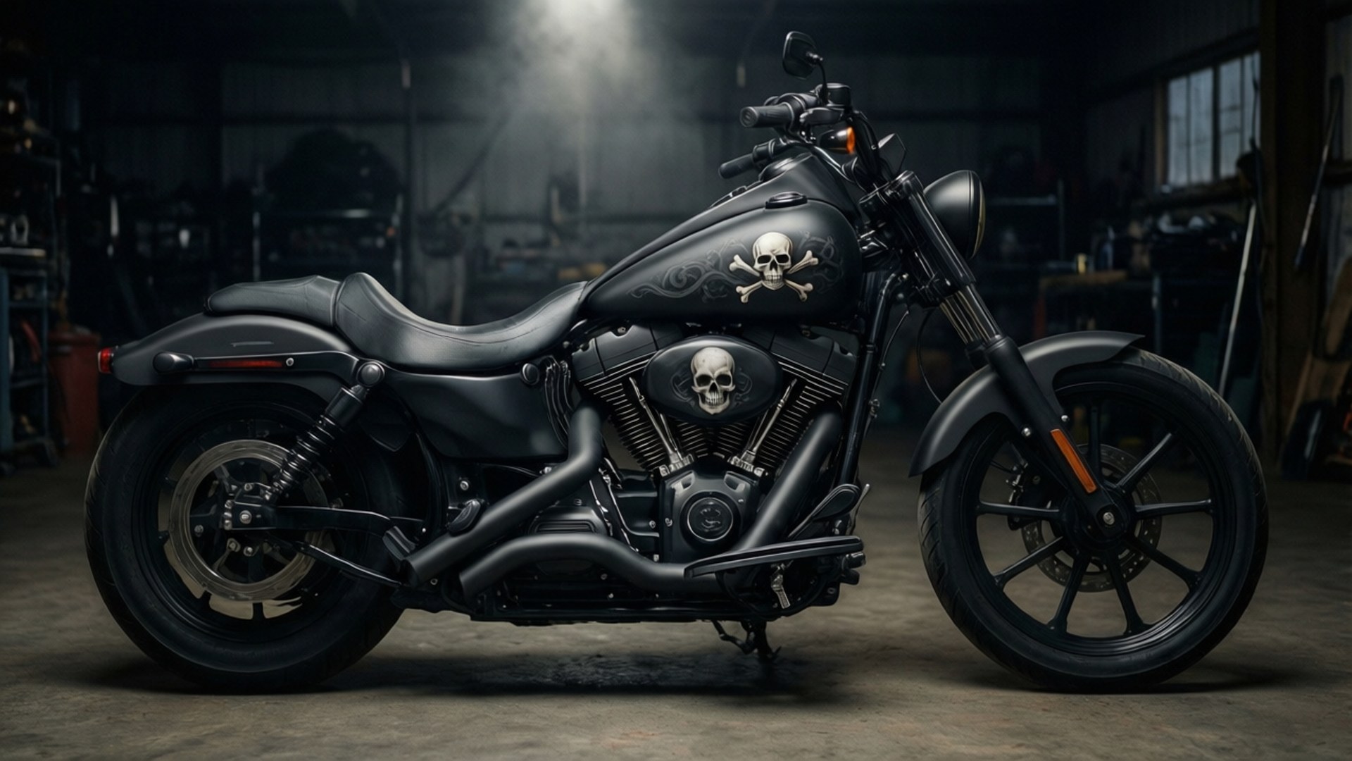 Skull Matte Black Chopper 壁紙 — 一輛啞光黑色摩托車帶有骷髏貼紙，停在昏暗的車庫中，僅有一盞聚光燈照射。
