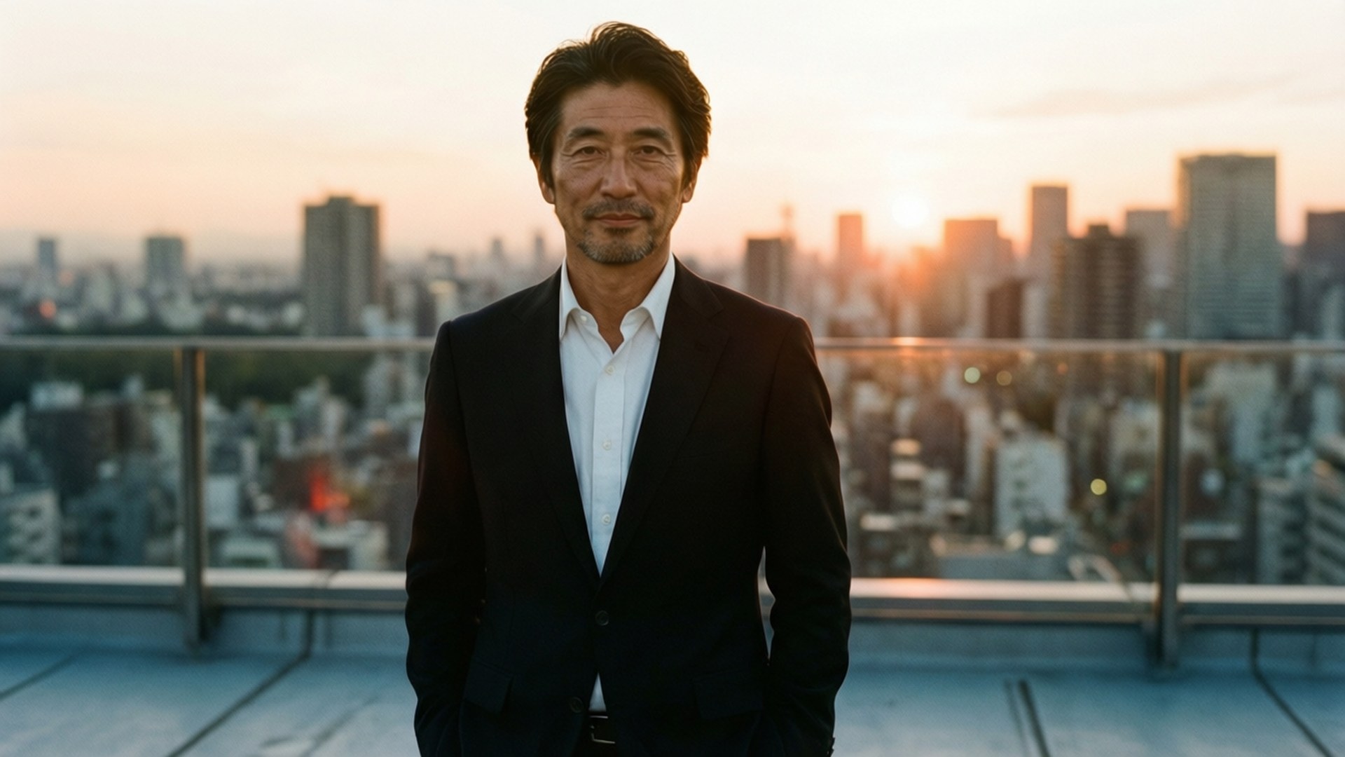 佐野万次郎 桌布 壁紙 — 一位成熟男士身穿黑色西裝，自信地站在屋頂上，俯瞰著日落時分閃爍的城市景觀。