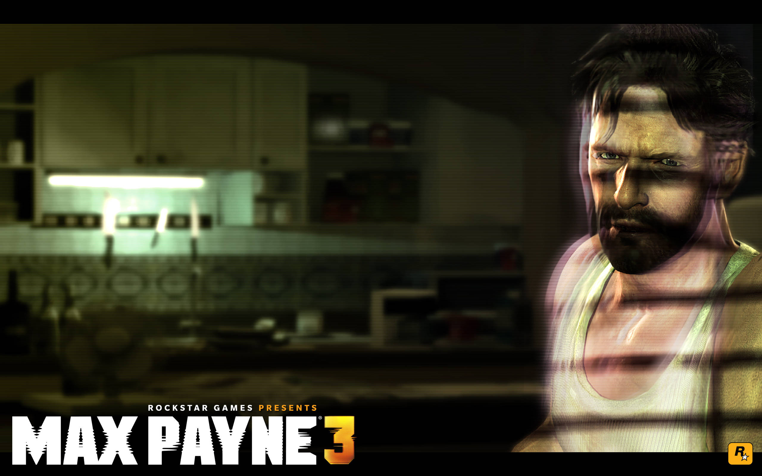 Max Payne 桌布 壁紙 — Max Payne 在昏暗廚房中的粗獷特寫，帶有霓虹燈光和模糊背景。