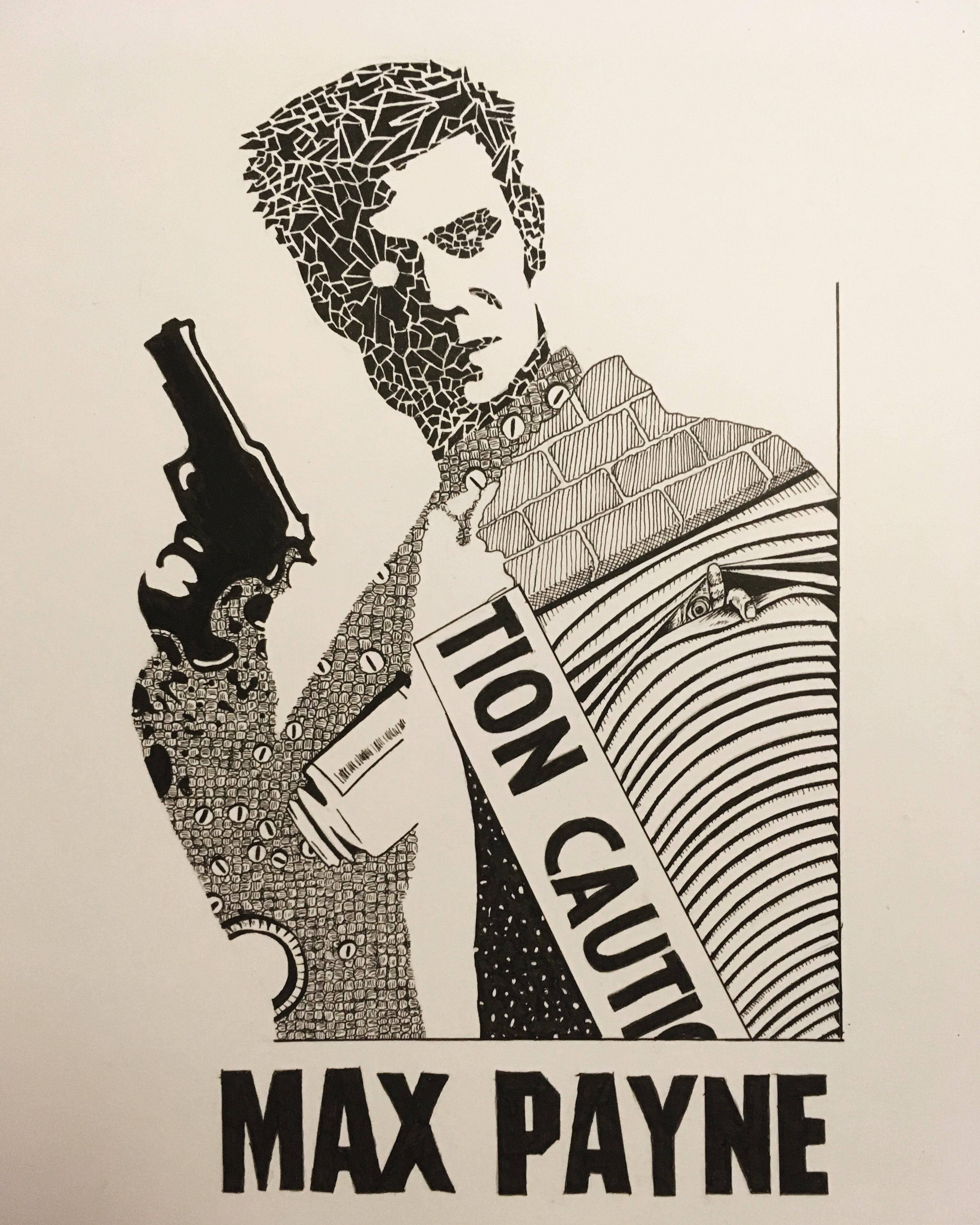 Max Payne 桌布 壁紙 — Max Payne 的風格化黑白插圖，手持槍支，帶有警示膠帶肩帶和碎片化面部設計。