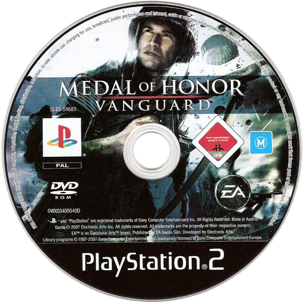遊戲 桌布 壁紙 — Medal of Honor Vanguard 的 PlayStation 2 遊戲光碟，展示一名身穿戰鬥裝備的士兵，背景是戰爭蹂躪的景象。