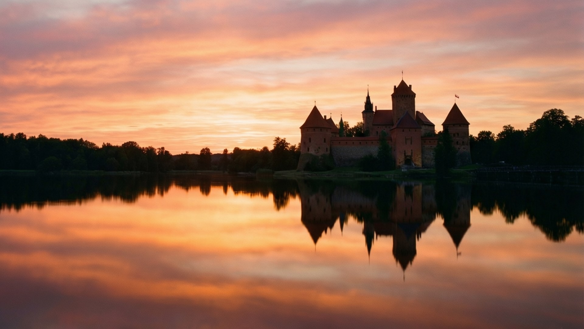 Sunset Castle Reflection 壁紙 — 一座中世紀城堡在火紅橙色夕陽的映襯下呈現剪影，完美倒映在平靜的水面上，岸邊樹木林立。