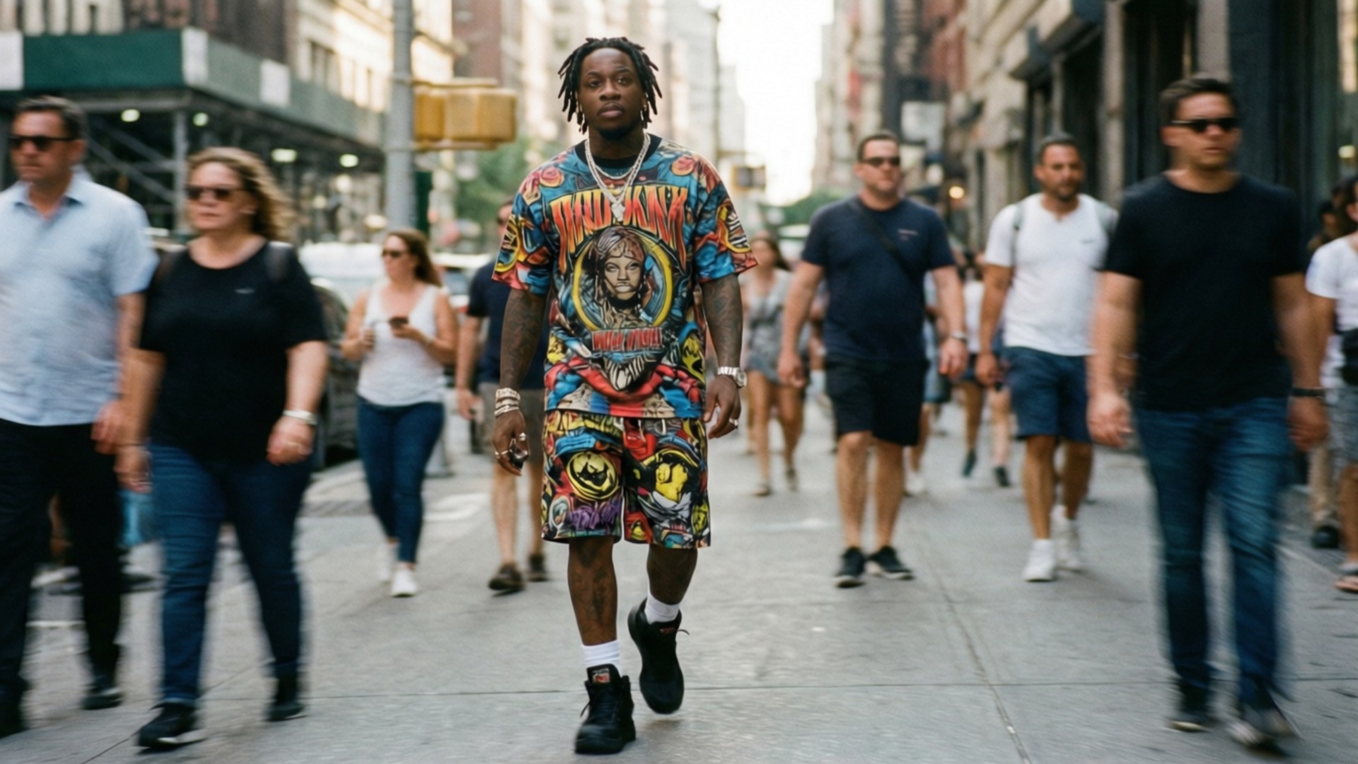 Meek Mill 紐約街頭 壁紙 — 一名身穿鮮豔圖案T恤和短褲的男子自信地走在繁忙的城市街道上，行人模糊地從他身邊掠過。