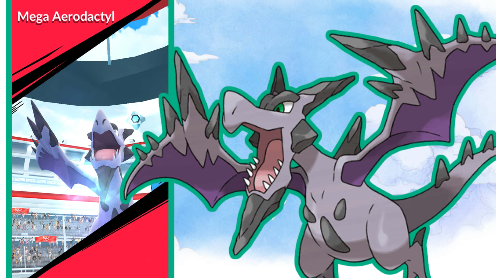 桌布 壁紙 — Mega Aerodactyl 在明亮的藍天下，於競技場對戰中向對手寶可夢強力咆哮。