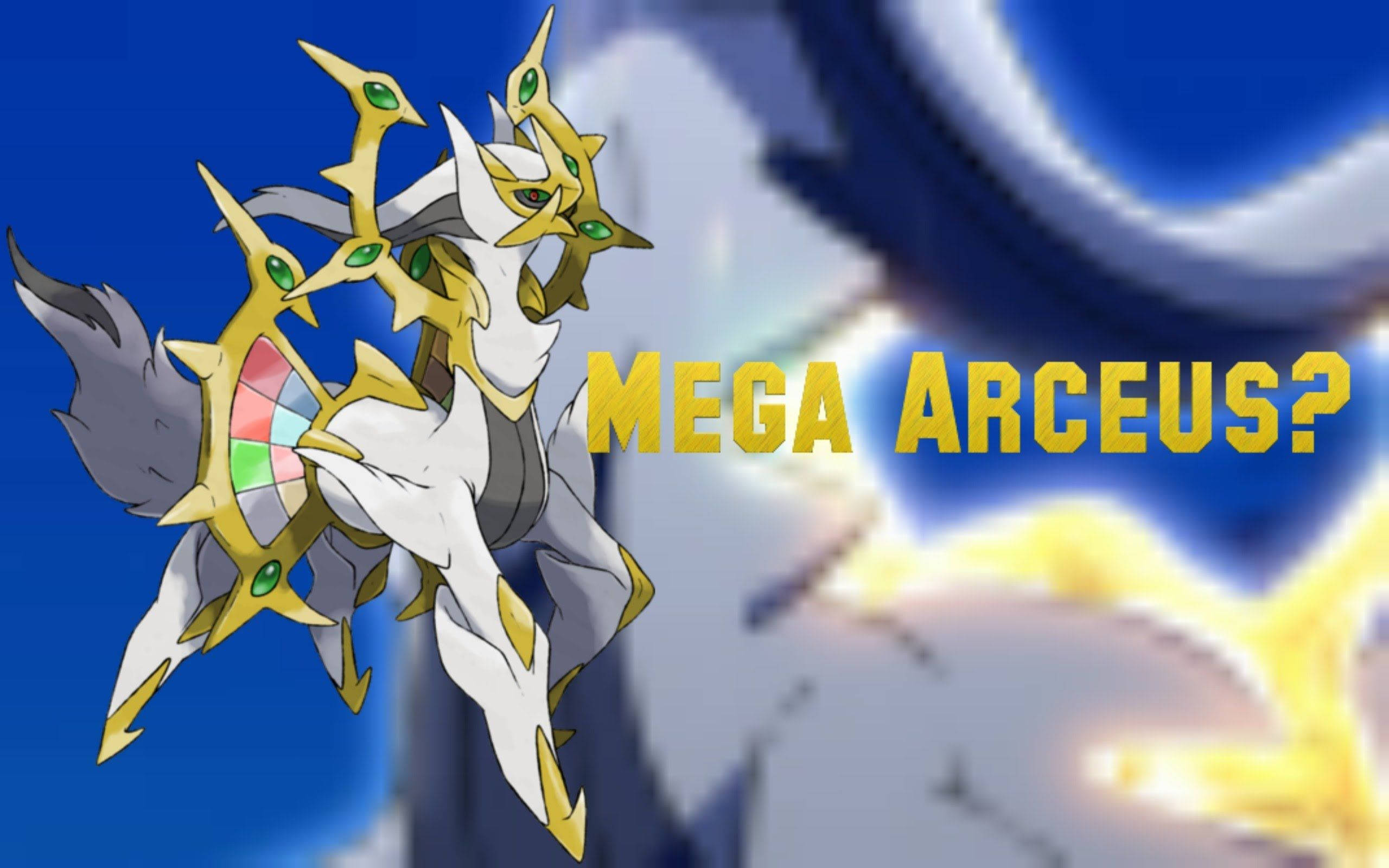 阿爾宙斯 桌布 壁紙 — Mega Arceus 身穿金色盔甲，鑲有綠色寶石，在藍天下漂浮，伴隨著發光的能量和文字「MEGA ARCEUS？」