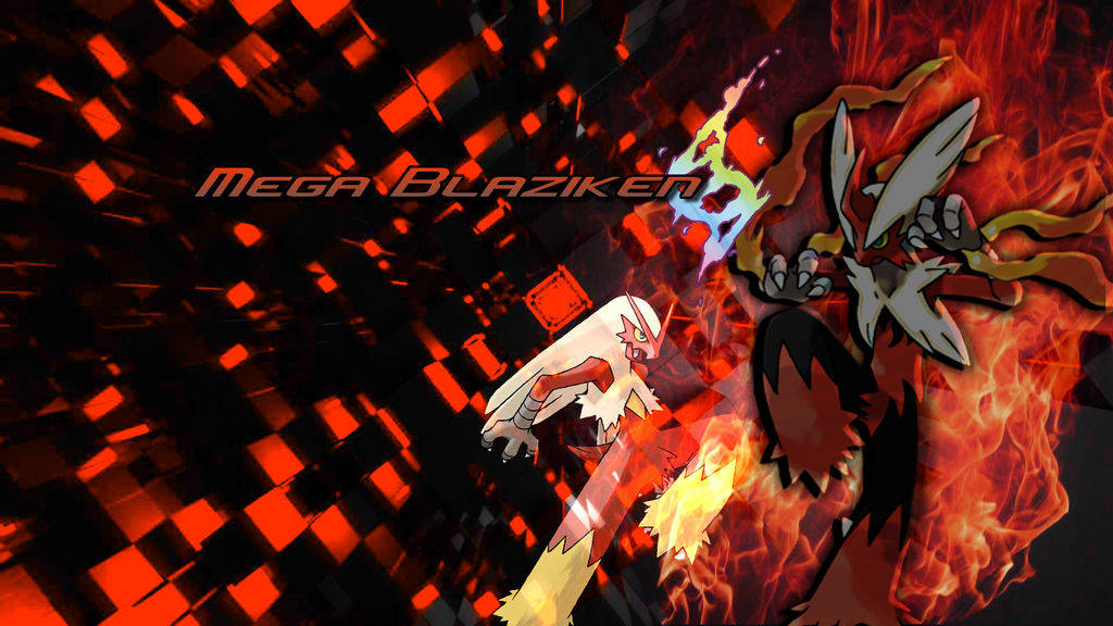 Blaziken 桌布 壁紙 — Mega Blaziken 在爆炸的紅色立方體背景下，於動態動漫戰鬥場景中釋放出火焰斬擊。