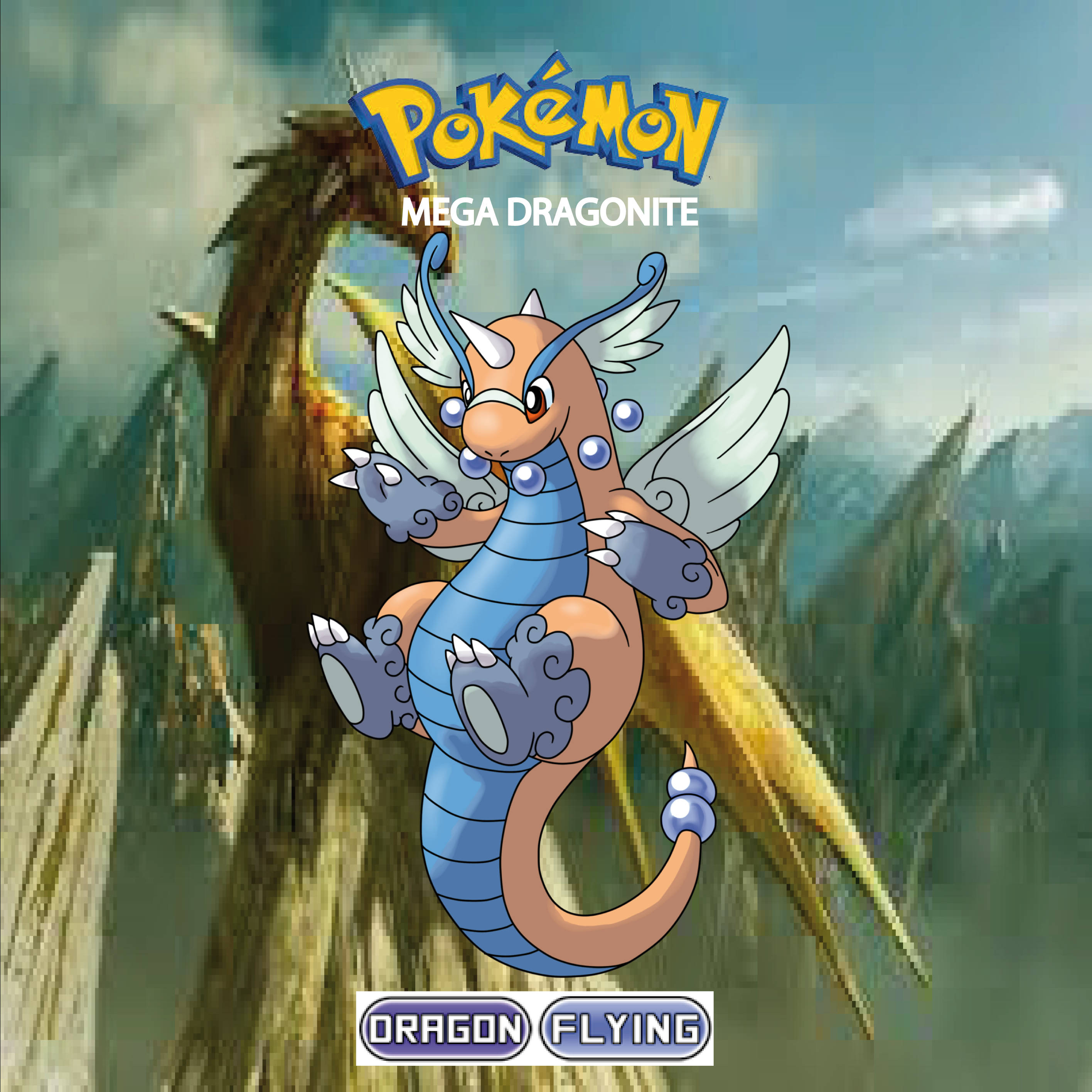 Dragonite 桌布 壁紙 — Mega Dragonite 在雲層密佈的天空中威風凜凜地翱翔，擁有雄偉的翅膀和裝飾其身體的發光藍色球體。