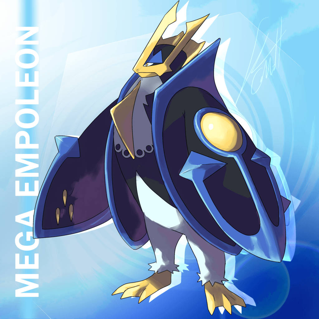 寶可夢 桌布 壁紙 — Mega Empoleon 在動態藍色漸層背景中自豪地站立，帶有發光的金色點綴和鋒利的角狀盔甲。