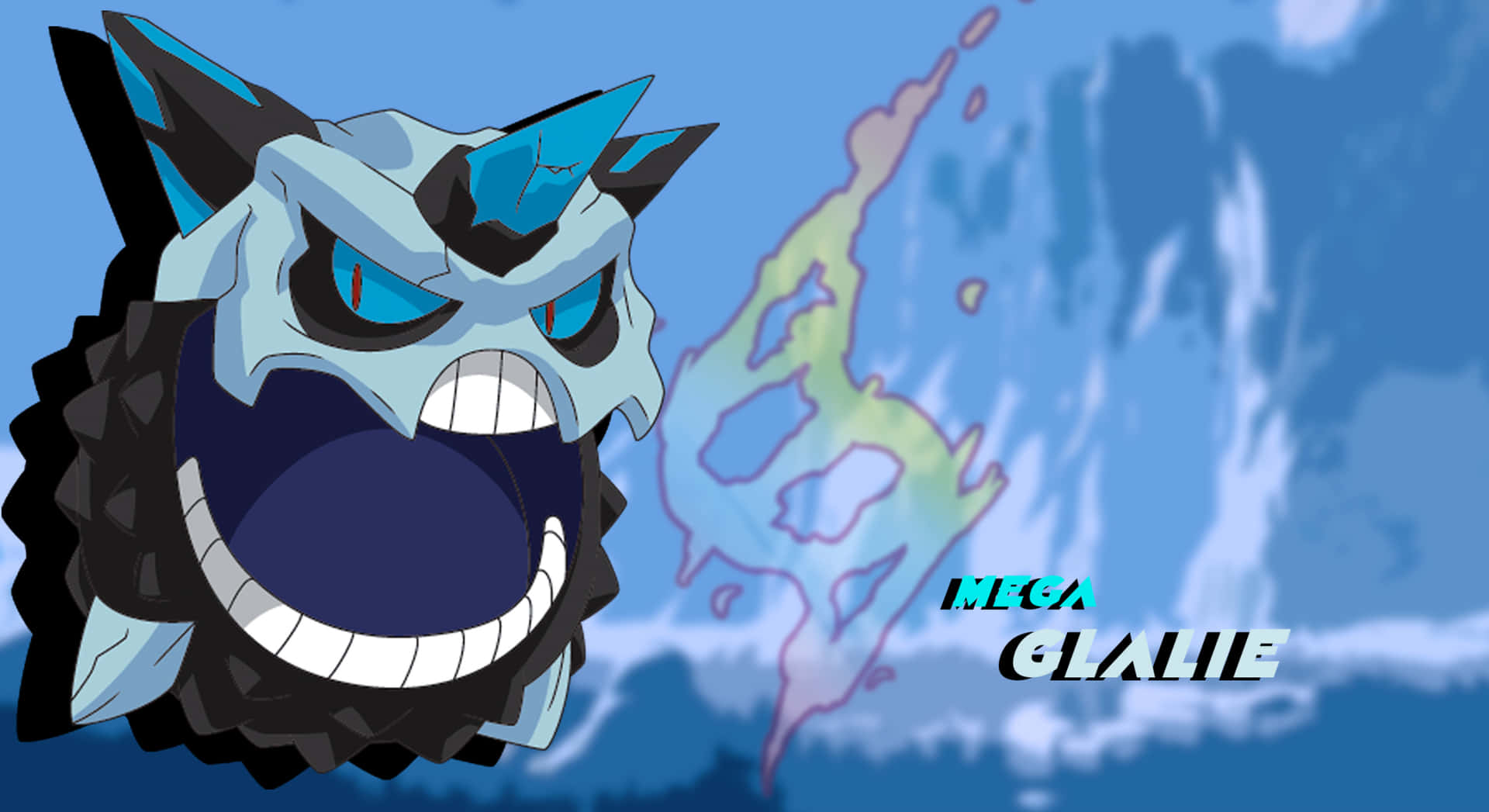  壁紙 — Mega Glalie 在旋轉的霜凍背景下，用冰藍色的眼睛和鋸齒狀的尖刺咆哮。