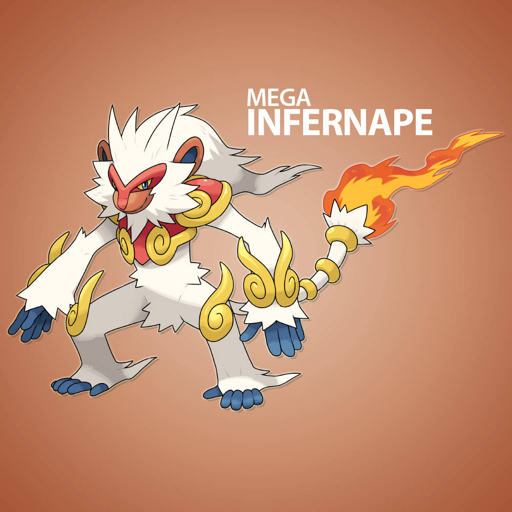 橘色 桌布 壁紙 — Mega Infernape 動態地站立，帶有火焰尾巴和金色漩渦，背景為純色赤陶色。