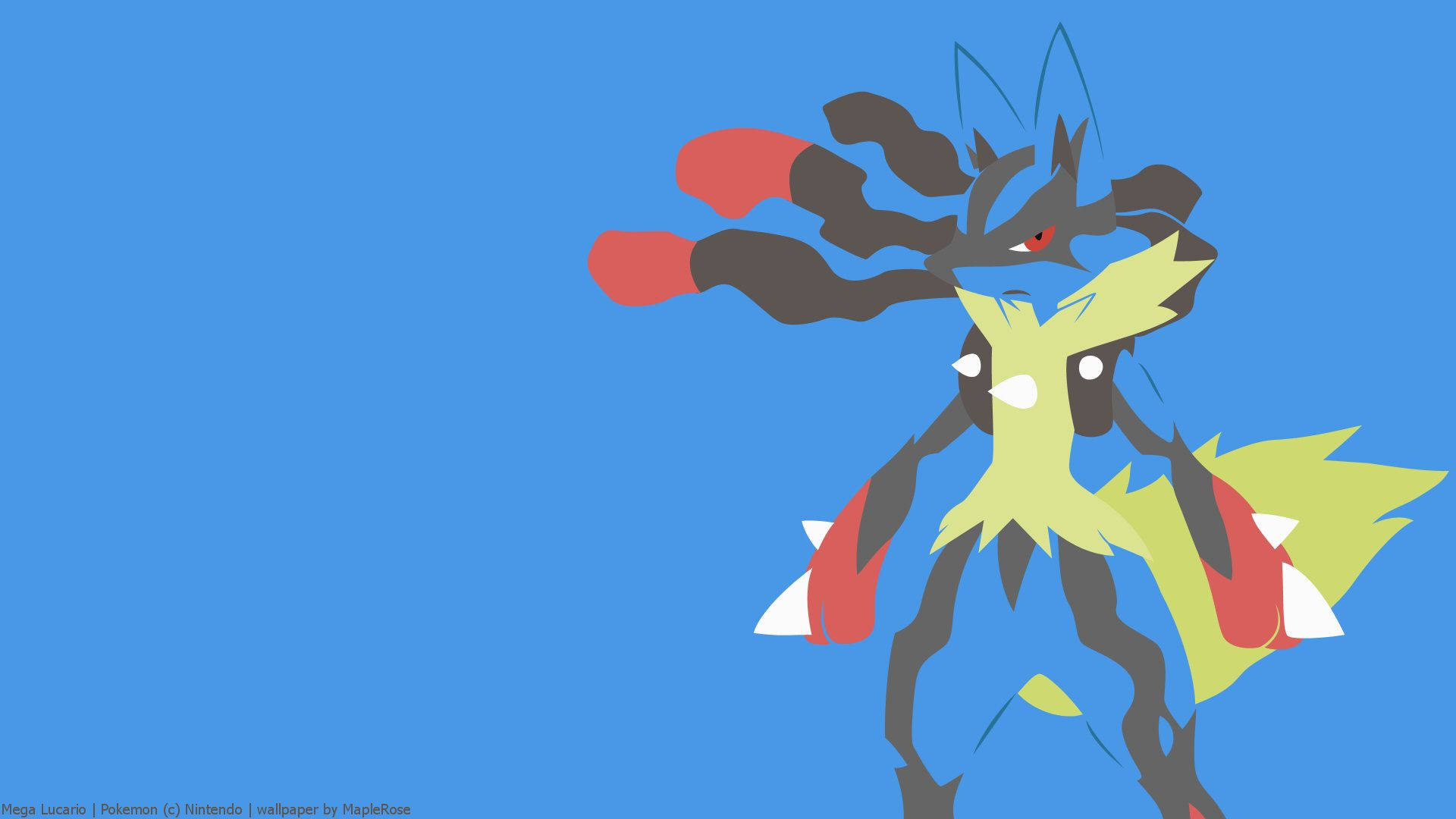 Lucario 桌布 壁紙 — Mega Lucario 在純藍色背景上動態站立，帶有醒目的黑色、紅色和黃色點綴。