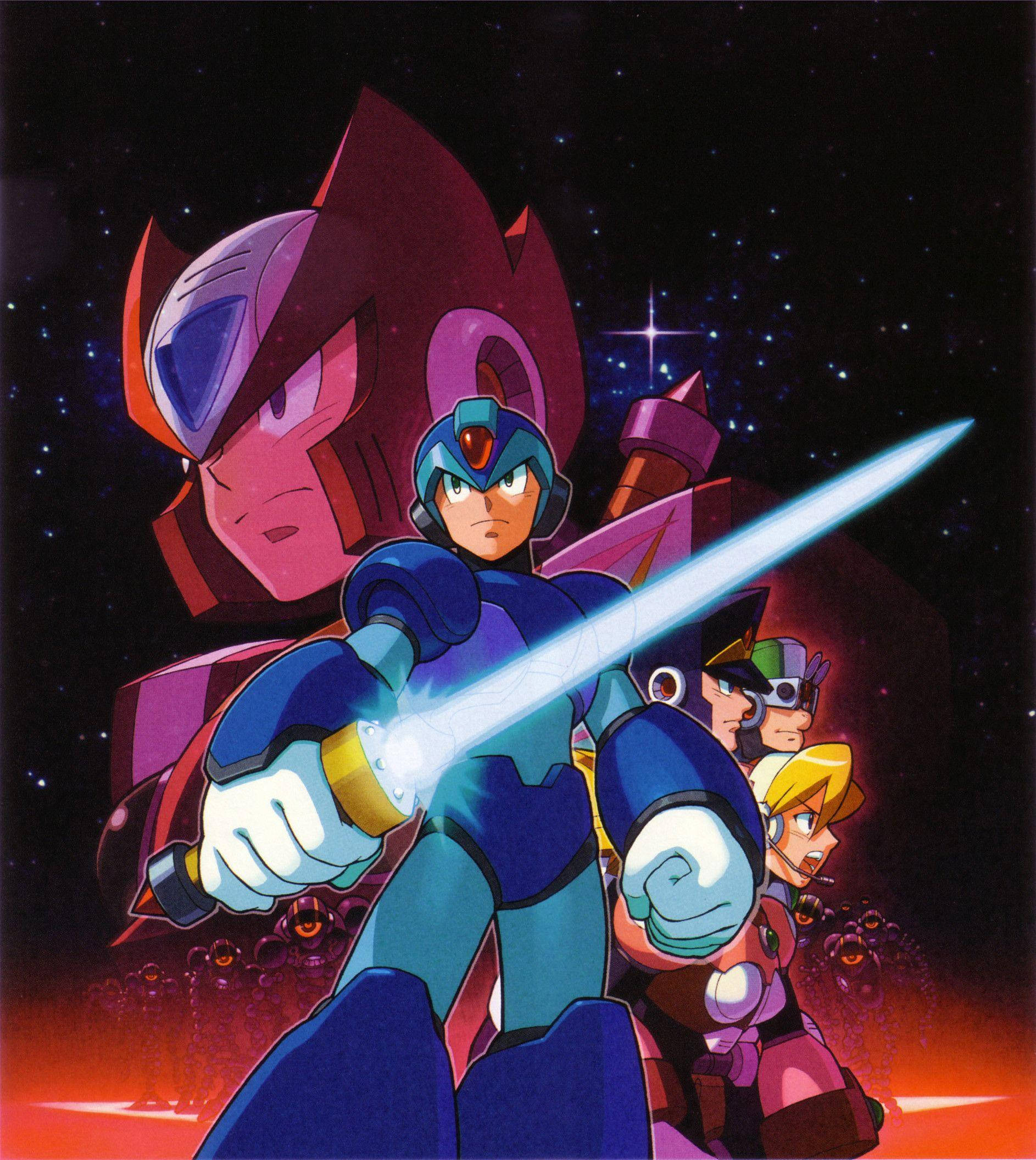 Megaman 桌布 壁紙 — Mega Man X 手持發光劍，在宇宙背景下與盟友和威脅性的陰影人物一起準備就緒。