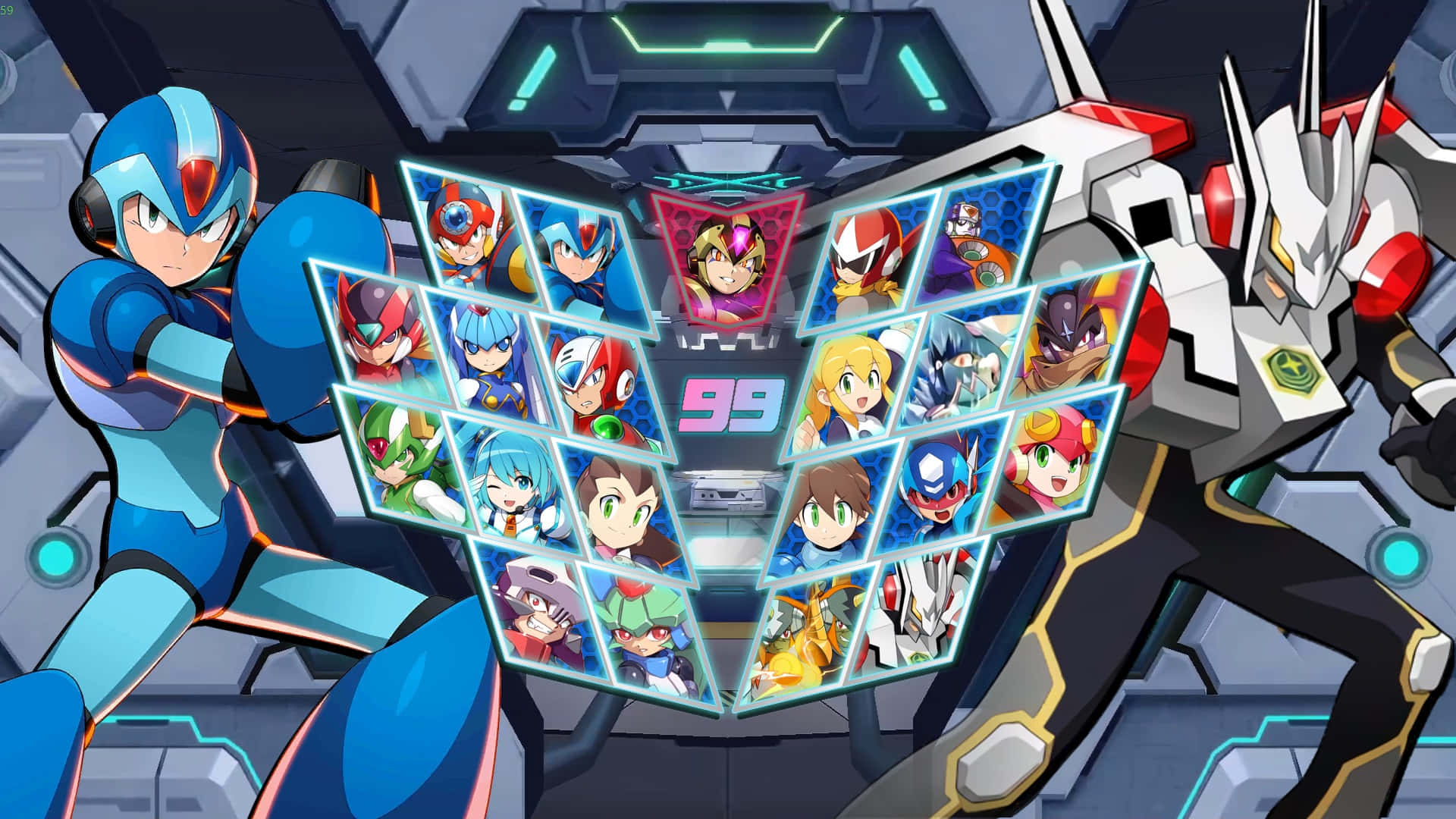 洛克人 桌布 壁紙 — Mega Man X 準備就緒，站在一個發光的網格旁邊，該網格在一個高科技未來場景中顯示了16個角色頭像。