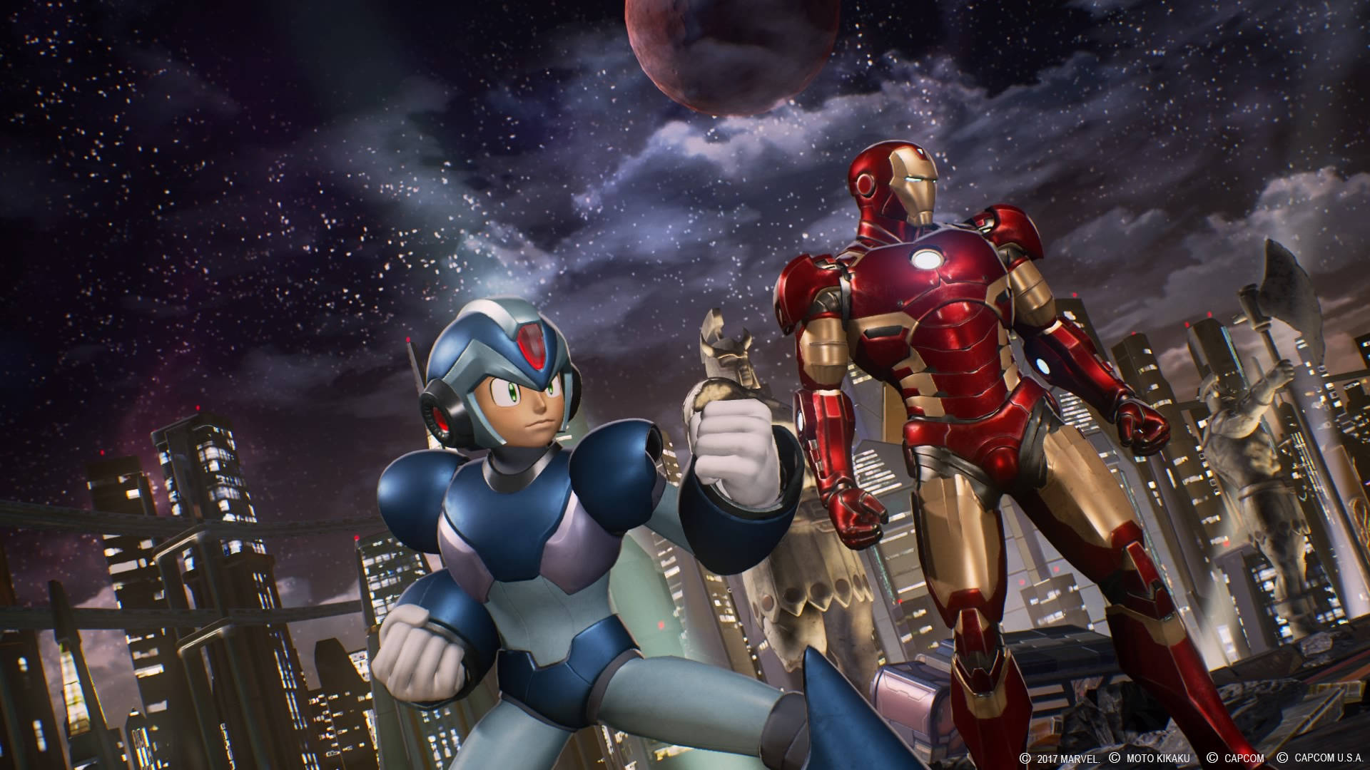Capcom 桌布 壁紙 — Mega Man 和 Iron Man 在繁星點點的夜空下，以英雄姿態站在未來城市景觀之上，周圍是發光的摩天大樓。