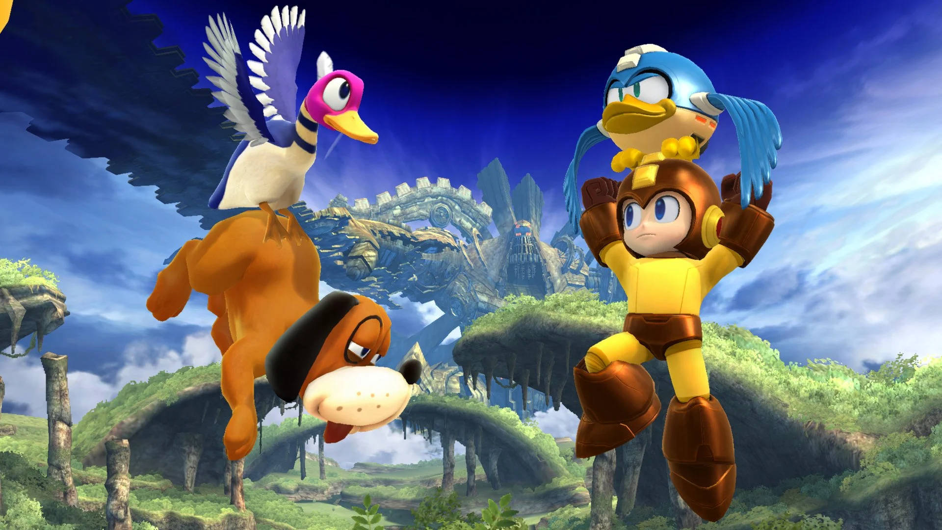 Hunt 桌布 壁紙 — Mega Man 和他的動物盟友在戲劇性的天空下翱翔於充滿活力的浮島景觀中。