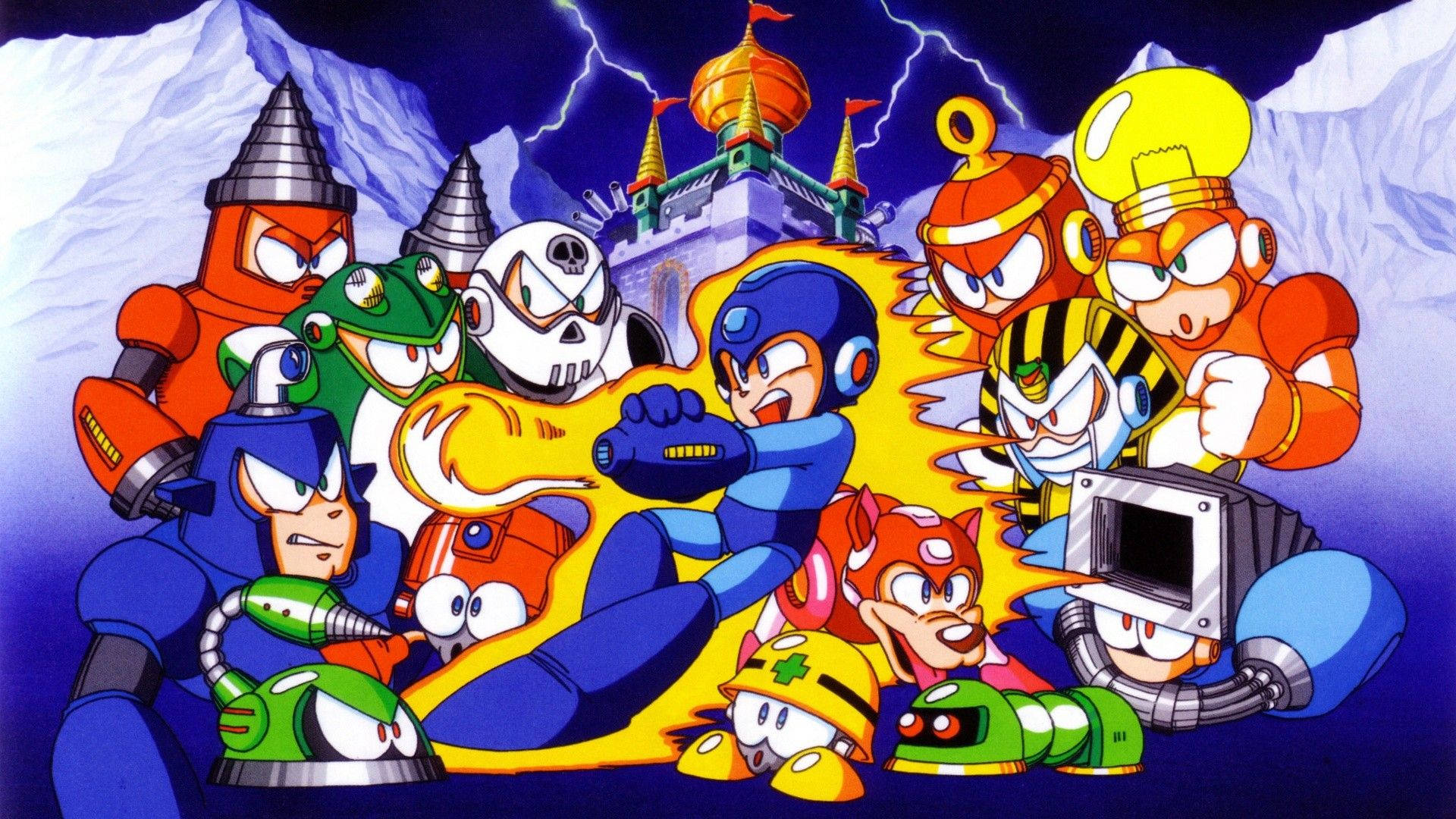 Megaman 桌布 壁紙 — Mega Man 和他的機器人盟友在閃電交加的暴風雨天空下，英勇地站在城堡前。