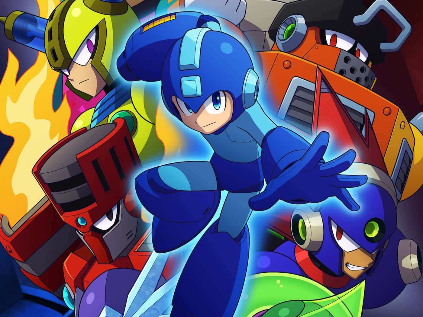 Megaman 桌布 壁紙 — Mega Man 身穿藍色盔甲，在充滿活力的動畫戰鬥場景中，被色彩繽紛的機器人盟友和敵人包圍，英勇地站立著。