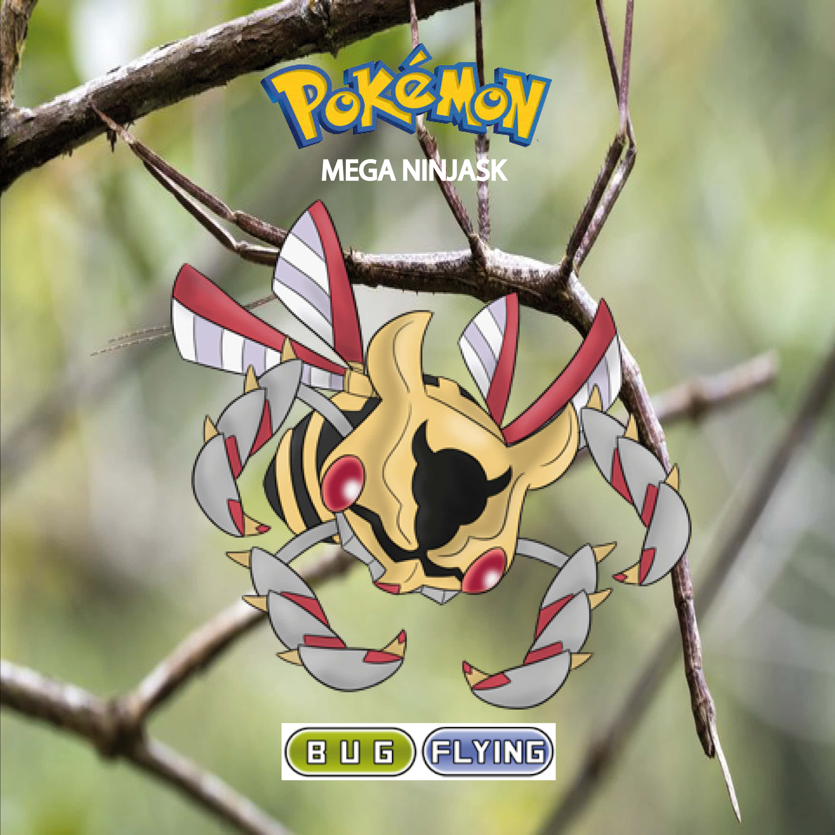 寶可夢 桌布 壁紙 — Mega Ninjask，一隻黃色和紅色的蟲系寶可夢，掛在樹枝上，背景是模糊的綠色森林。