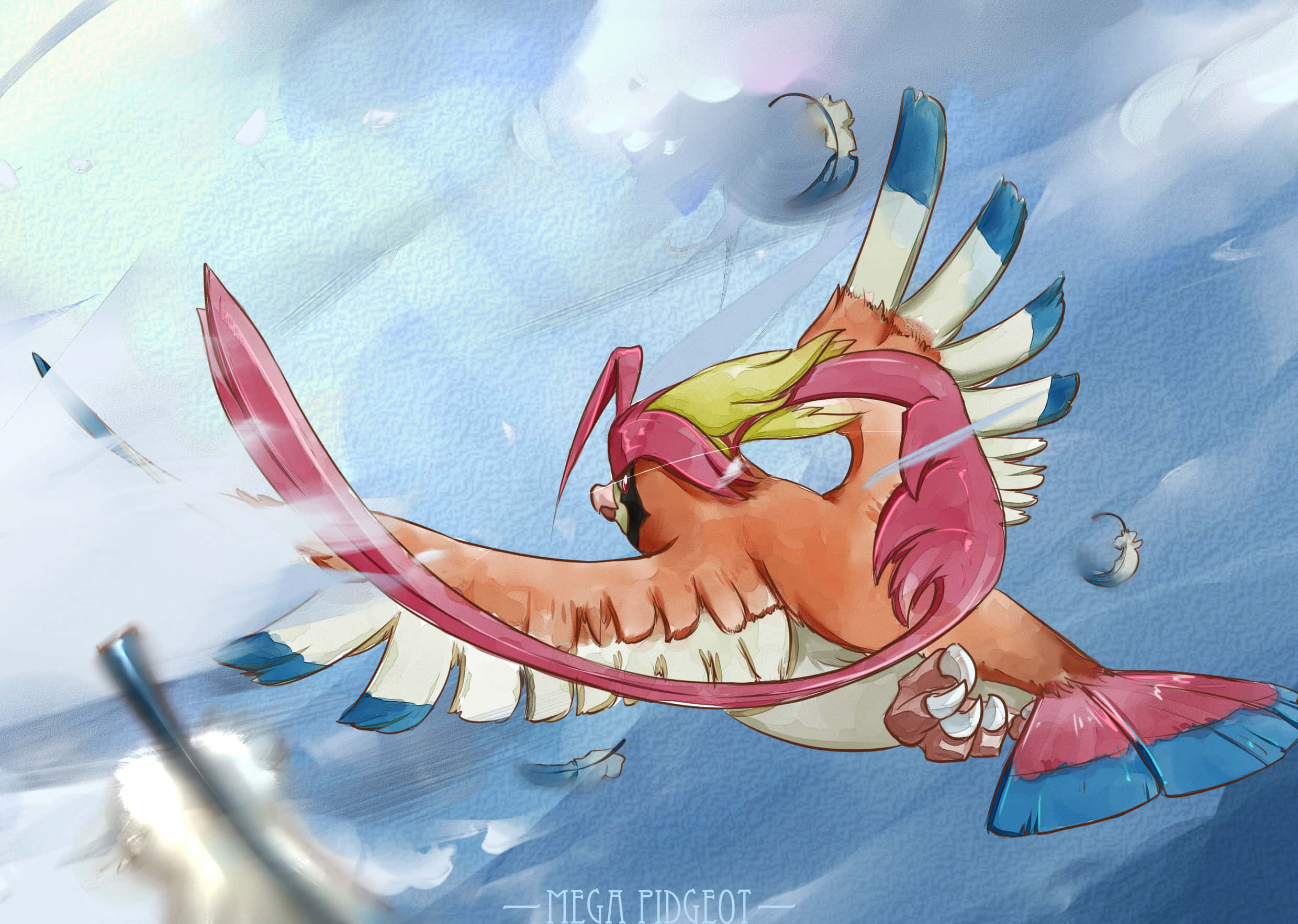 桌布 壁紙 — Mega Pidgeot 動態地翱翔於柔和的藍天中，帶有動態模糊和漂浮的花瓣。