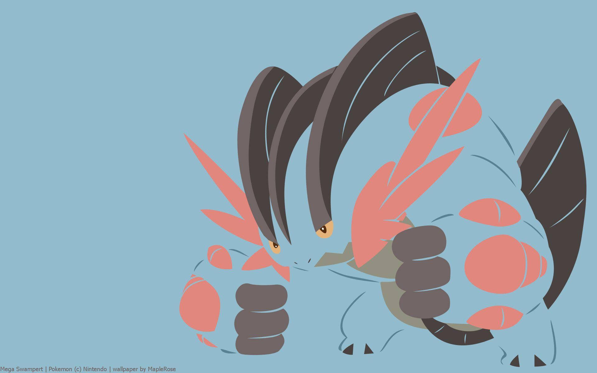 動漫 桌布 壁紙 — Mega Swampert 在純藍色背景上強勢站立，帶有鮮明的粉紅色和深灰色點綴。