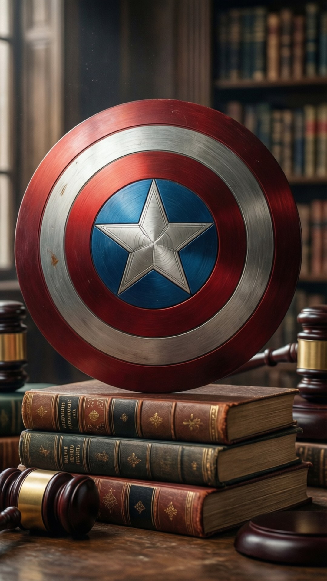 Shield of Justice 壁紙 — 美國隊長的標誌性盾牌放在法庭上一堆舊法律書上。