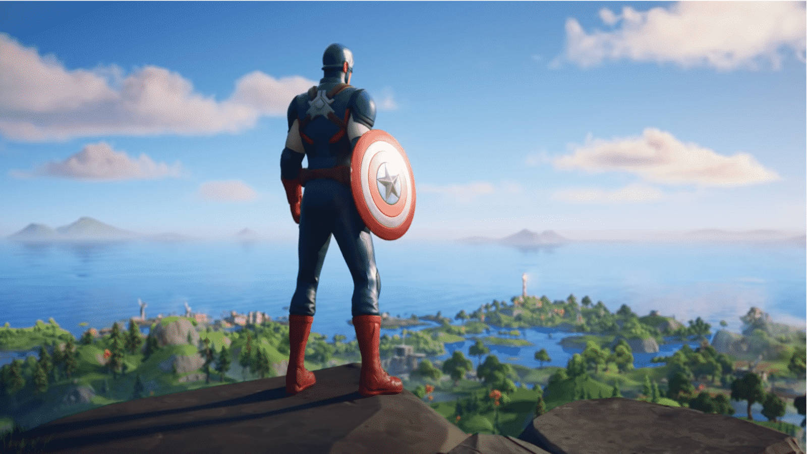 美國隊長俯瞰著擁有島嶼和綠意的風景如畫的海岸景觀。 — Fortnite 壁紙