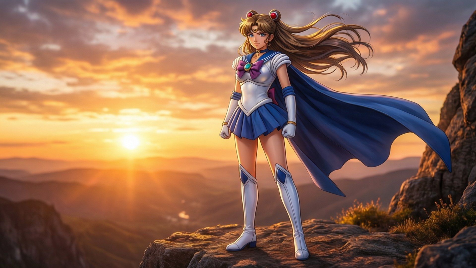 Undead Unluck 桌布 壁紙 — 美少女戰士Sailor Moon英雄式地站在日落時的懸崖上，斗篷在金色天空中飄揚。