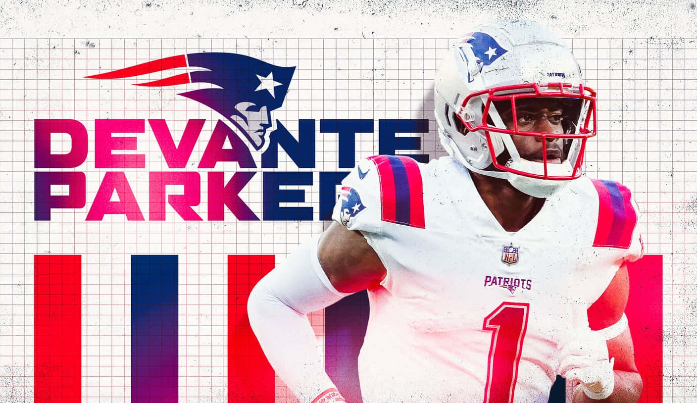  壁紙 — 美式足球員 Devante Parker 身穿新英格蘭愛國者隊裝備，自信地站在帶有醒目球隊品牌的網格背景前。