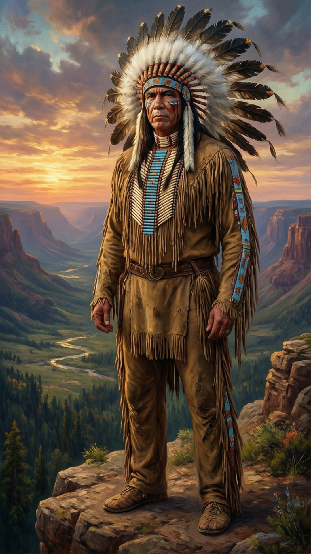 Warrior on the Cliff 壁紙 — 一位美洲原住民酋長戴著羽毛頭飾，莊嚴地站在日落時分的峽谷懸崖上，俯瞰蜿蜒的河流。