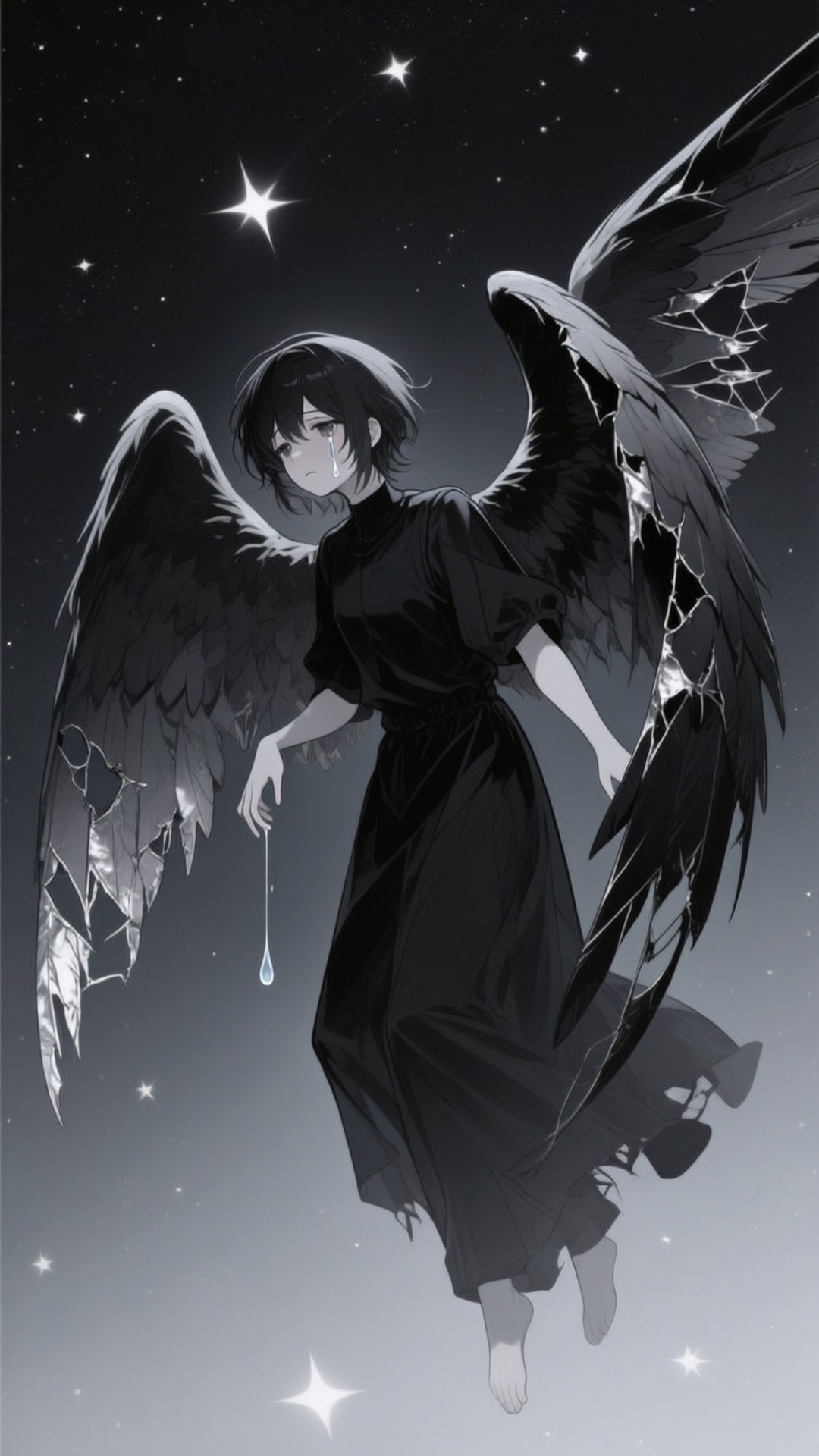 Fallen Star Angel 壁紙 — 一個憂鬱的動漫天使，帶著破碎的黑色翅膀，漂浮在星空夜空中，一滴眼淚從她的臉上落下。