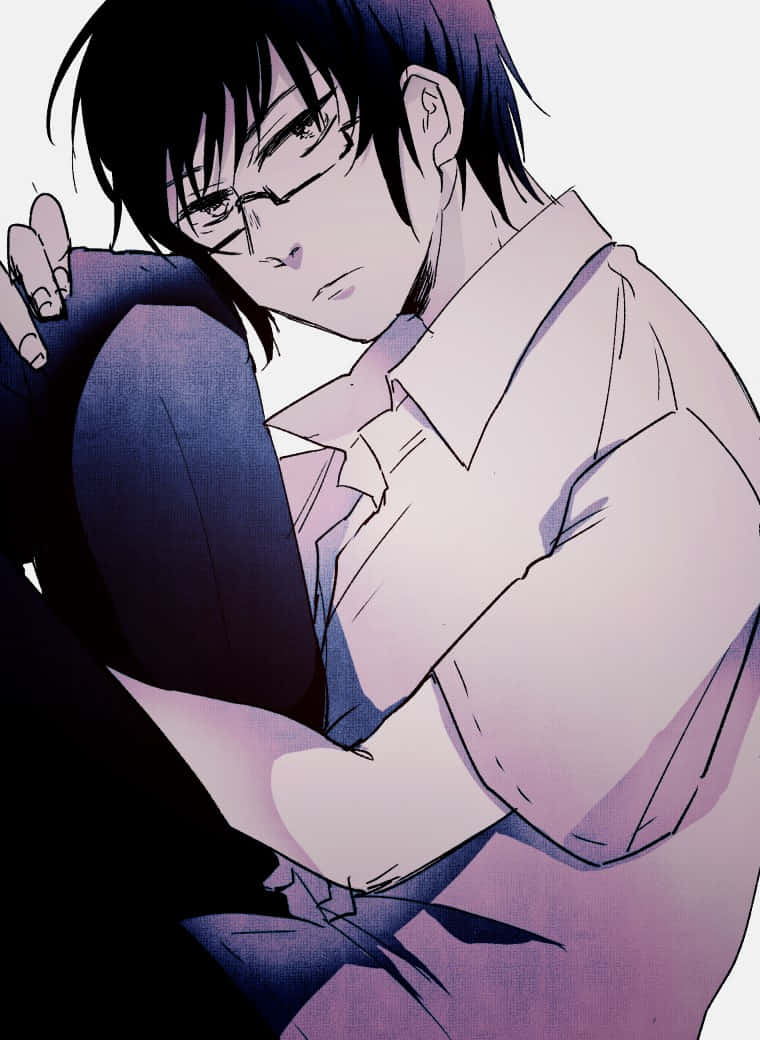 Satoru Fujinuma 桌布 壁紙 — 一個戴眼鏡的憂鬱動漫男孩在柔和的紫色和藍色調色盤中緊緊擁抱自己。