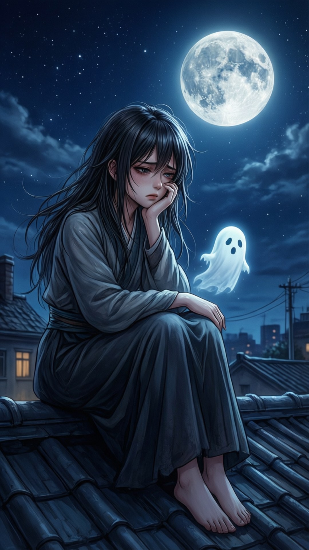 Lonely Rooftop 壁紙 — 一個憂鬱的動漫女孩，長長的黑髮，赤腳坐在瓦片屋頂上，滿月下，一個發光的鬼魂漂浮在她身邊。