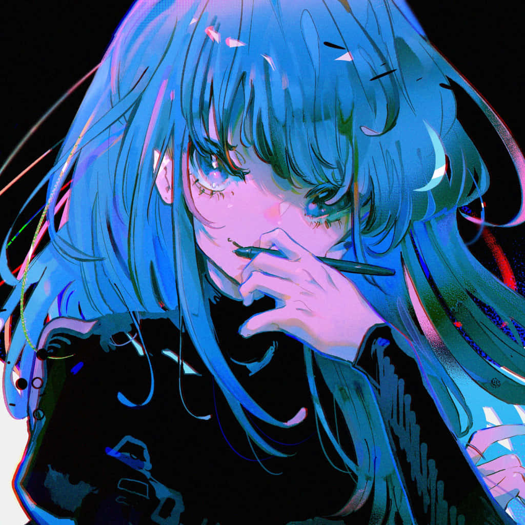  壁紙 — 一個憂鬱的動漫女孩，擁有發光的藍色頭髮和眼睛，在黑暗背景中拿著香煙，背景有霓虹條紋。