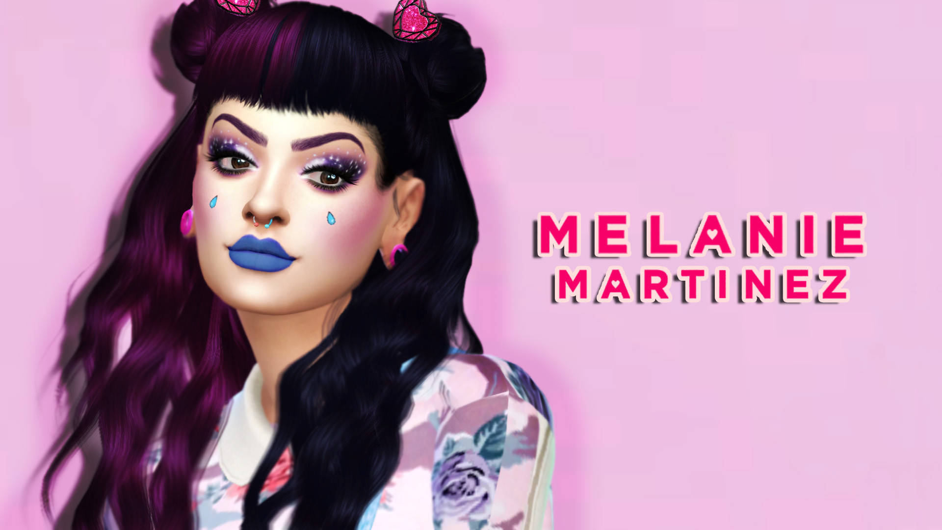 Melanie 桌布 壁紙 — Melanie Martinez 的風格化肖像，紫色頭髮、藍色嘴唇和淚滴，背景為粉紅色。