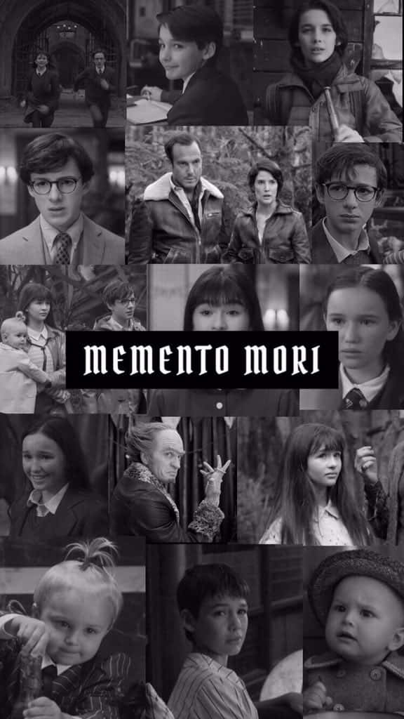 Memento Mori 桌布 壁紙 — 《Memento Mori》角色的黑白拼貼，標題置中。