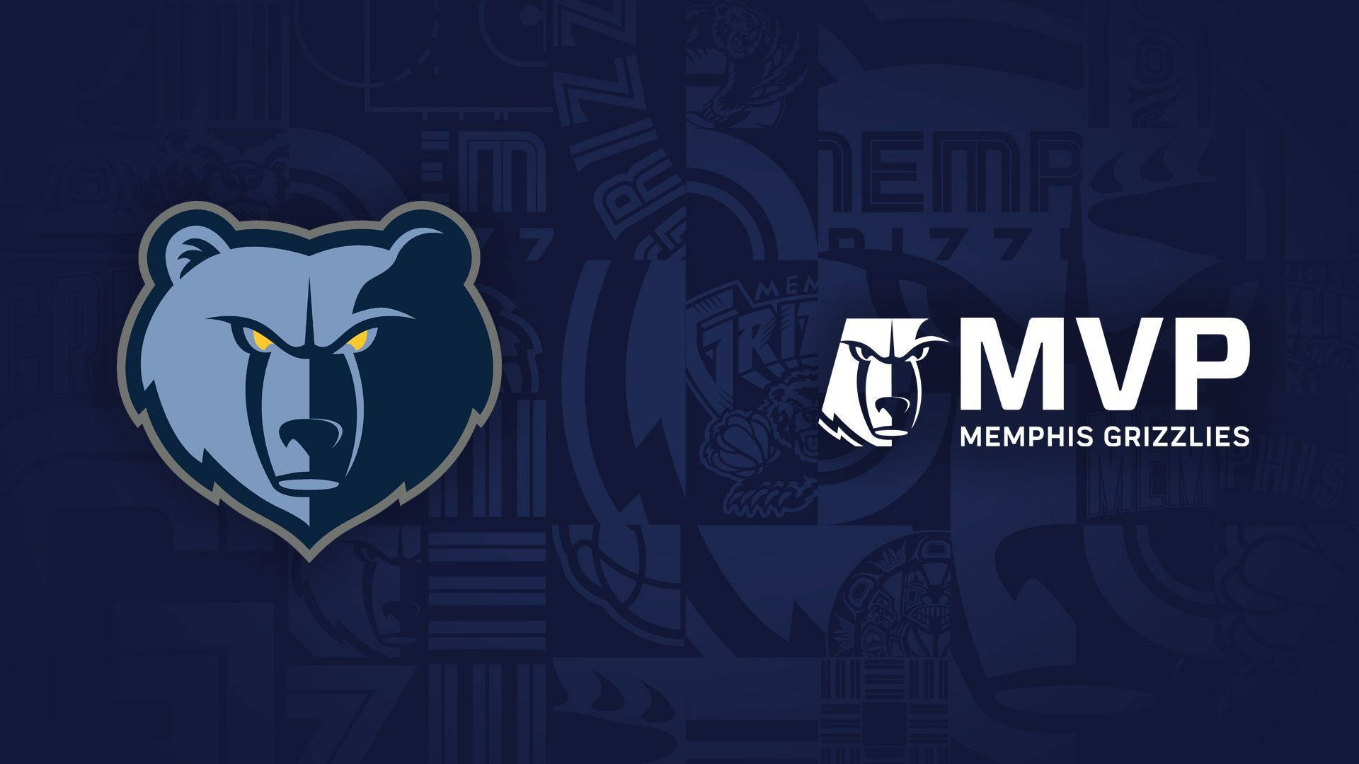 angry bear 桌布 壁紙 — Memphis Grizzlies MVP 標誌，帶有兇猛的熊頭和球隊品牌，背景為深藍色紋理。