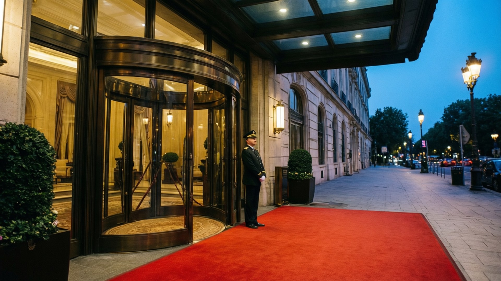 Grand Entrance 壁紙 — 門衛在黃昏時分於宏偉飯店入口外的紅地毯上立正站崗。