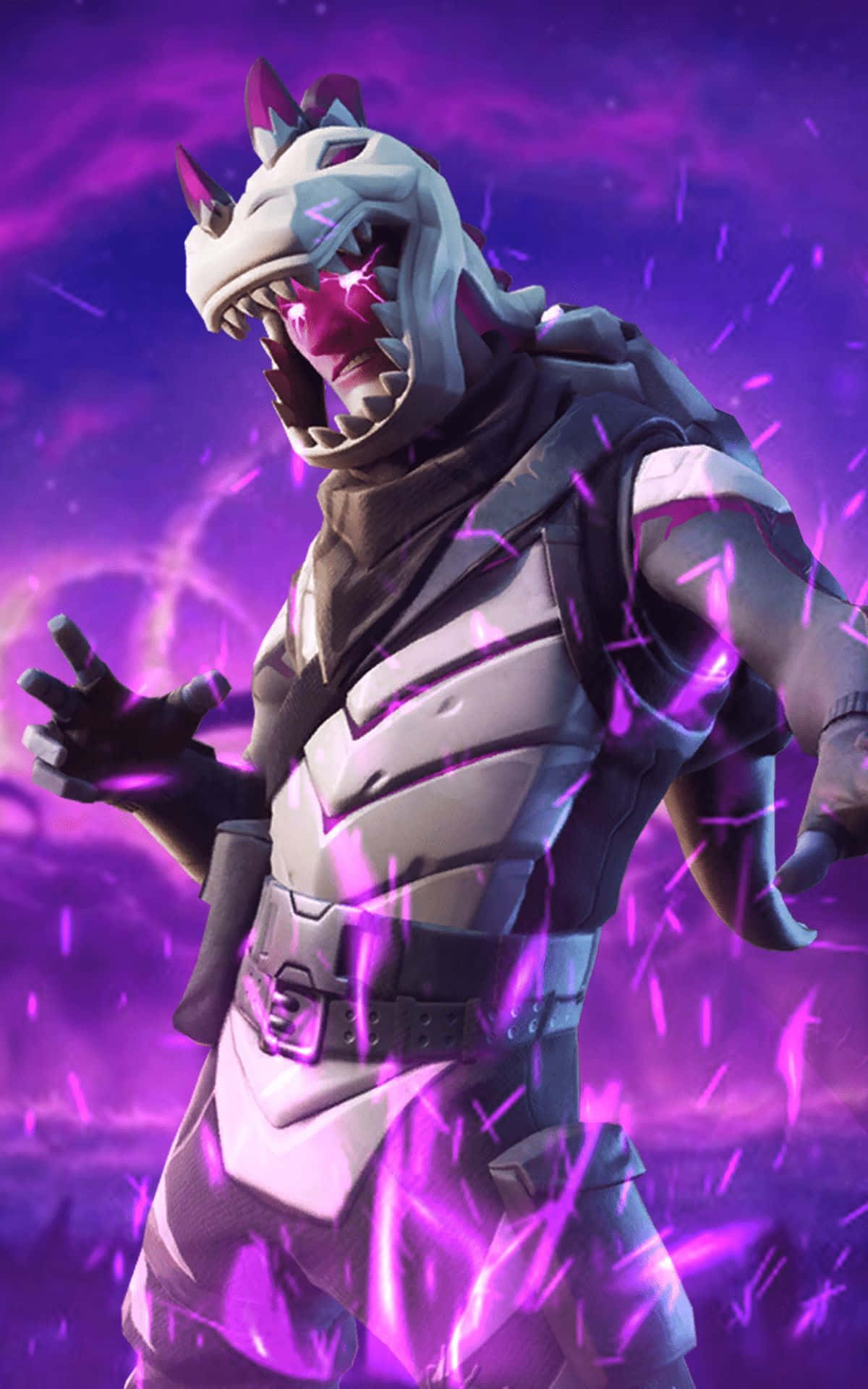 遊戲角色，恐龍頭，發光紫色能量，在宇宙風暴中。 — Fortnite 壁紙