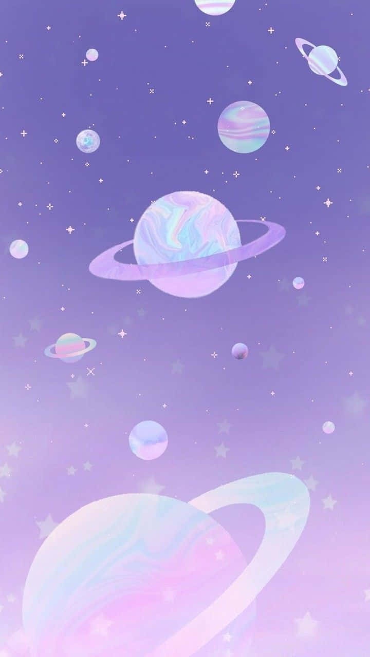  壁紙 — 夢幻的粉彩星系，旋轉的行星和星星漂浮在柔和的紫色漸變天空中。