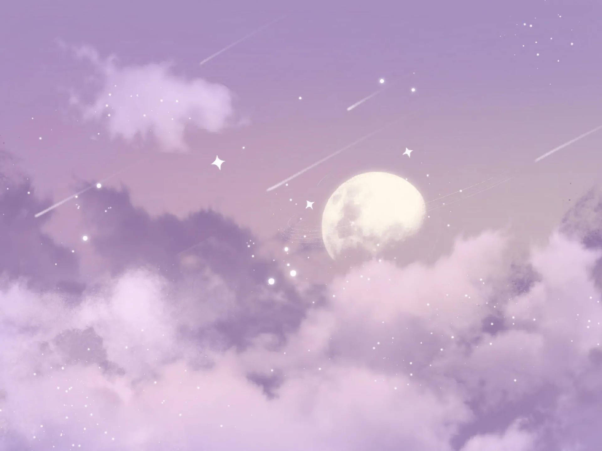 紫色夜空，月亮、雲朵和流星 — 美學 iPad 壁紙 壁紙