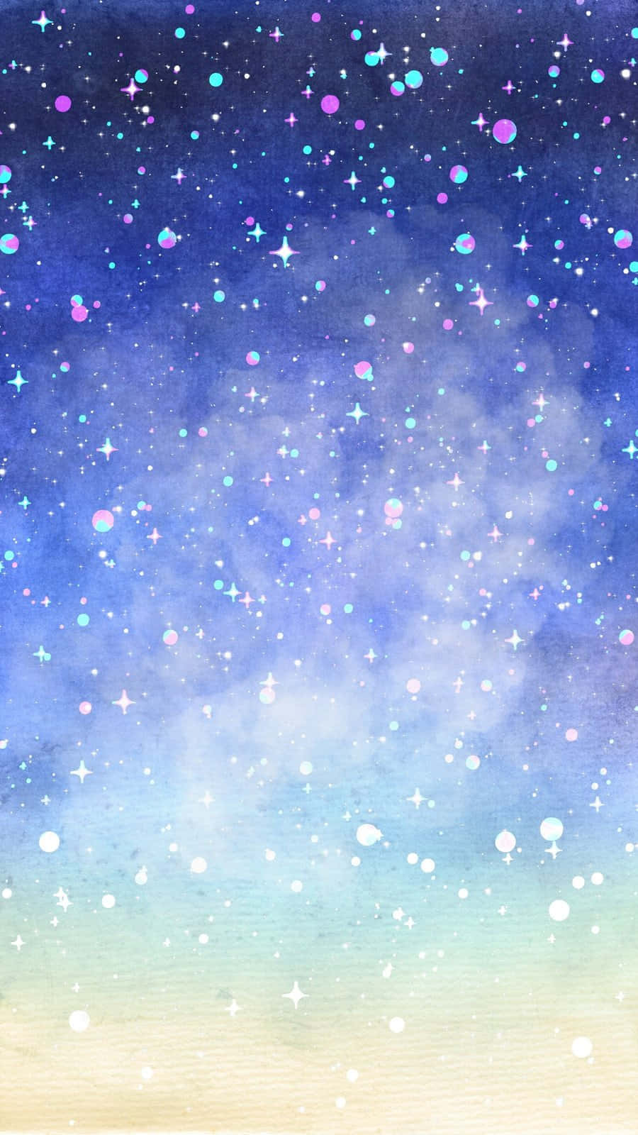  壁紙 — 夢幻水彩星系，閃爍星星與柔和粉彩雲朵交織出藍、紫、黃色調。