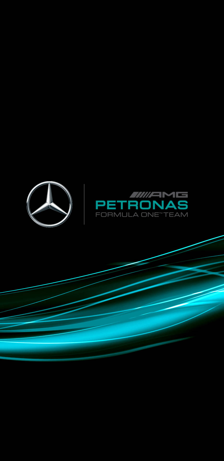 Mercedes AMG Petronas Formula One 車隊標誌，帶有青綠色動態線條，背景為黑色。 — F1 iPhone 壁紙 壁紙
