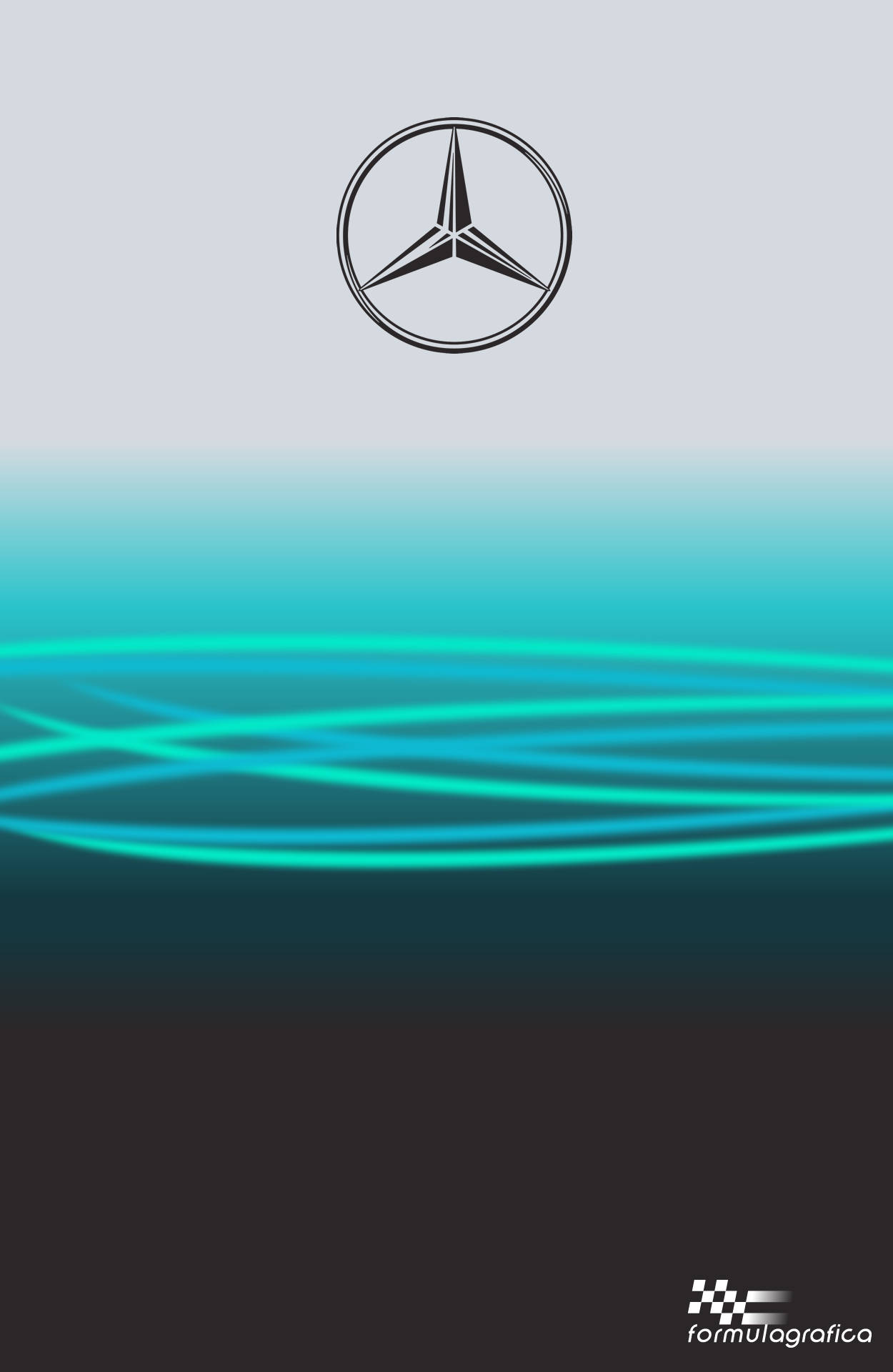 AMG iPhone 桌布 壁紙 — Mercedes-Benz 標誌漂浮在發光的青綠色動態線條上方，背景為灰色到黑色的漸層。