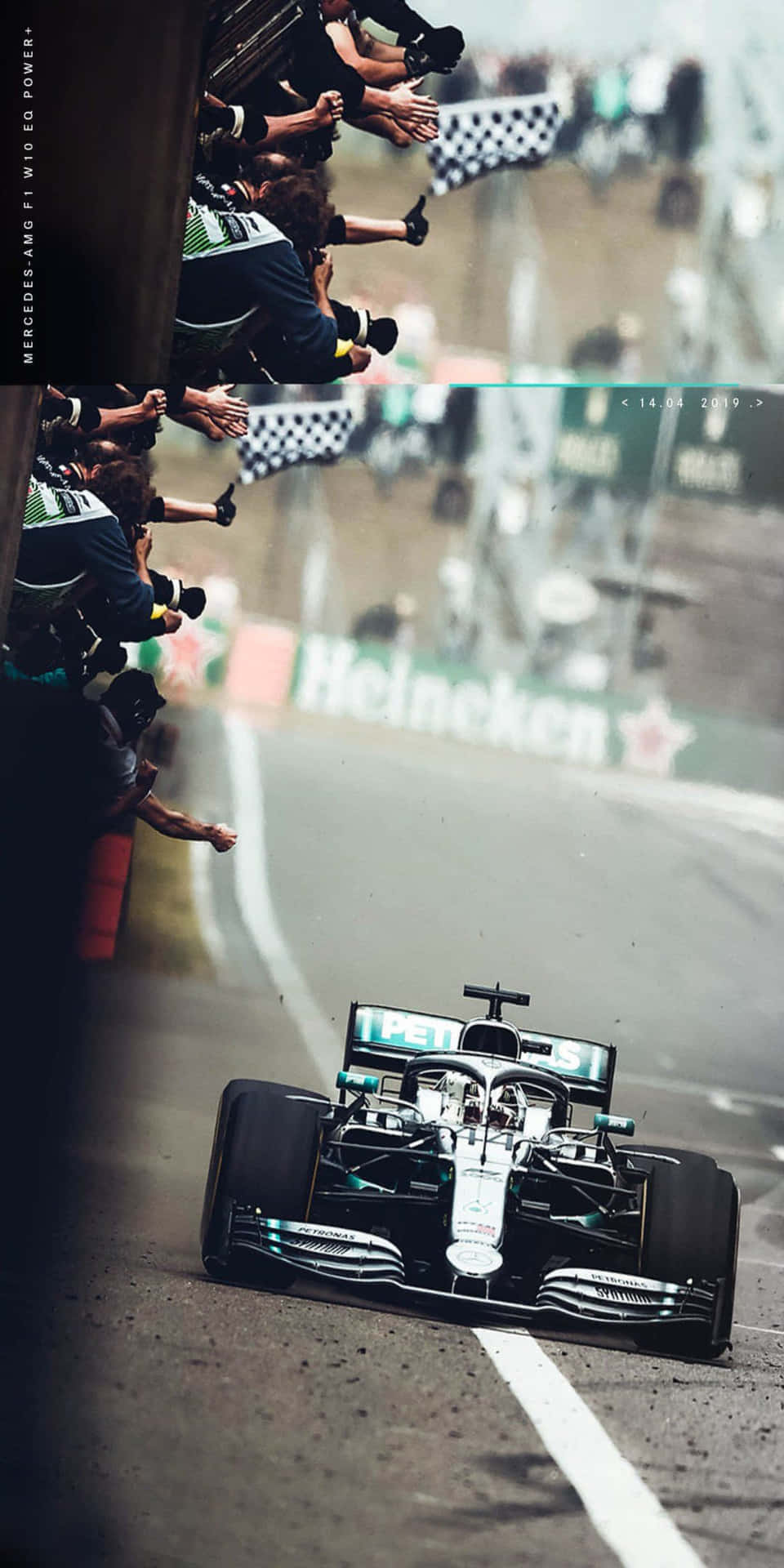 賓士F1賽車衝過終點線，人群和攝影師歡呼 — F1 壁紙