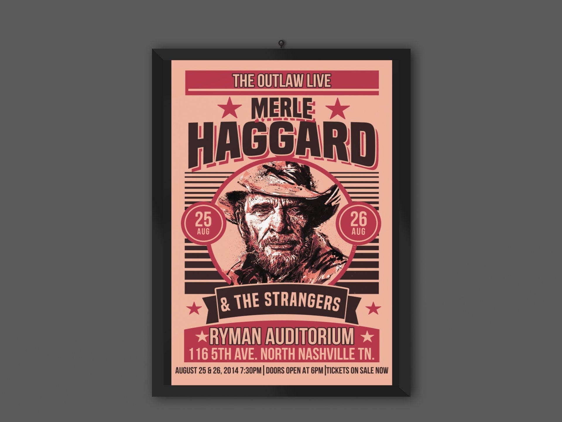 artist 桌布 壁紙 — Merle Haggard and The Strangers 在 Ryman Auditorium 的復古音樂會海報，採用粗體紅色字體和條紋背景上的粗獷肖像。