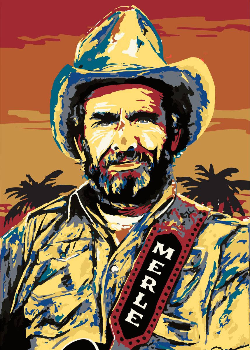 Man 桌布 壁紙 — Merle Haggard 戴牛仔帽、吉他帶上寫有 Merle 的風格化肖像，背景是日落天空和棕櫚樹。