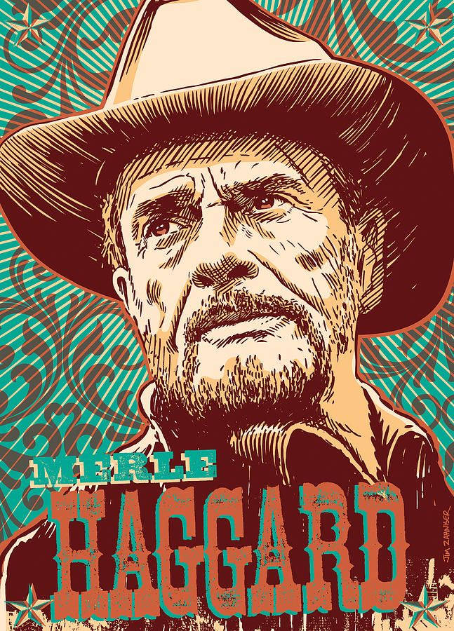 藝術 桌布 壁紙 — Merle Haggard 戴著牛仔帽的醒目圖形插圖，背景為旋轉的藍綠色和棕色圖案。