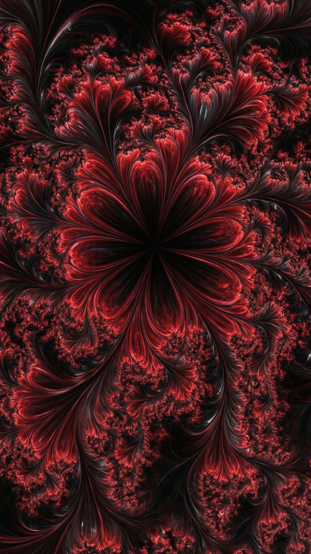 Dark Fractal Bloom 壁紙 — 一個迷人的碎形圖案從中心點向外輻射，帶有旋轉的紅色和黑色有機形狀，類似盛開的花朵。